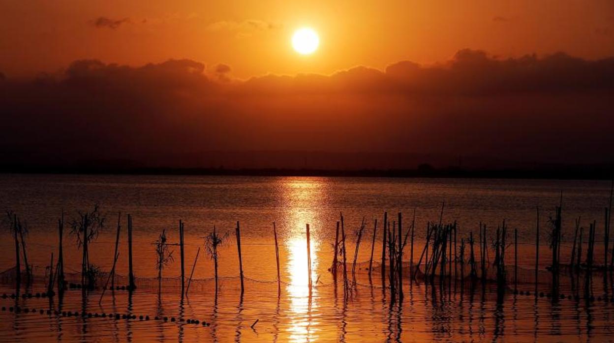 Vista de la puesta de sol de este sábado en la Albufera de Valencia