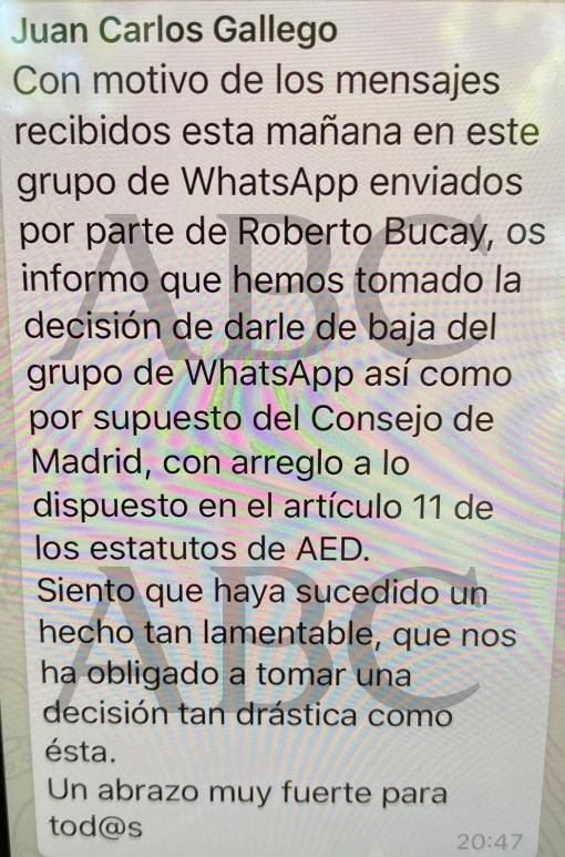 Mensaje del responsable en el que comunica al resto la expulsión del directivo de Correos de la AED