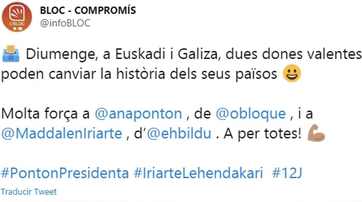 Tuit difundido por el Bloc en el que pide el voto para Bildu