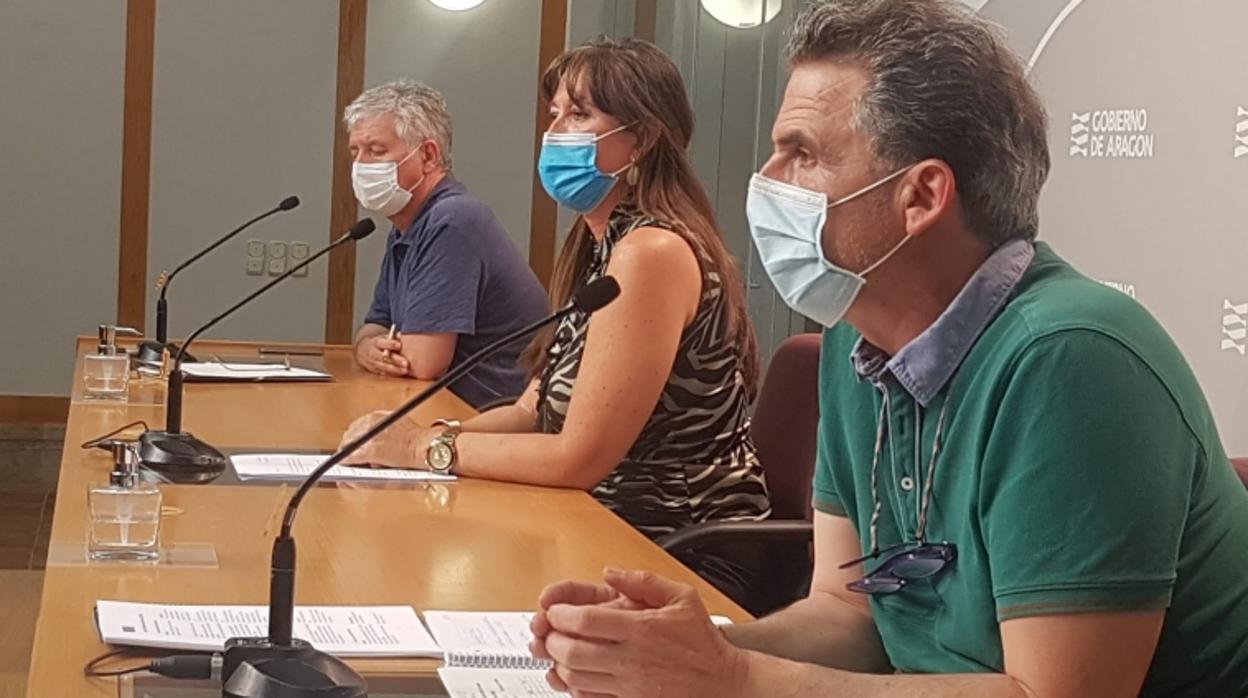 La consejera aragonesa de Sanidad, Sira Repollés, entre el director general de Salud Pública del Gobierno regional (primero por la derecha) y el responsable del Servicio Aragonés de Salud