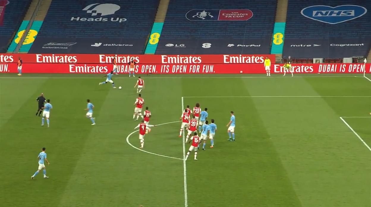 Imagen de la publicidad dinñamica en las escaleras de Wembley durante el Arsenal-City