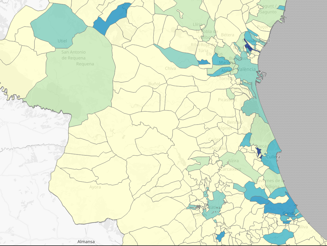 Mapa de las pruebas PCR positivas realizadas en la provincia de Valencia en los últimos 14 días