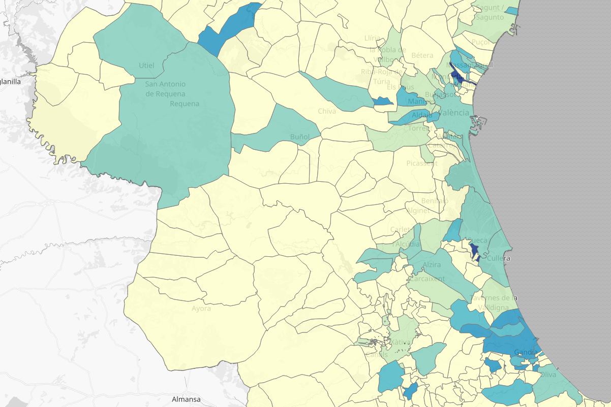 Mapa de las pruebas PCR positivas en los últimos 14 días en la provincia de Valencia