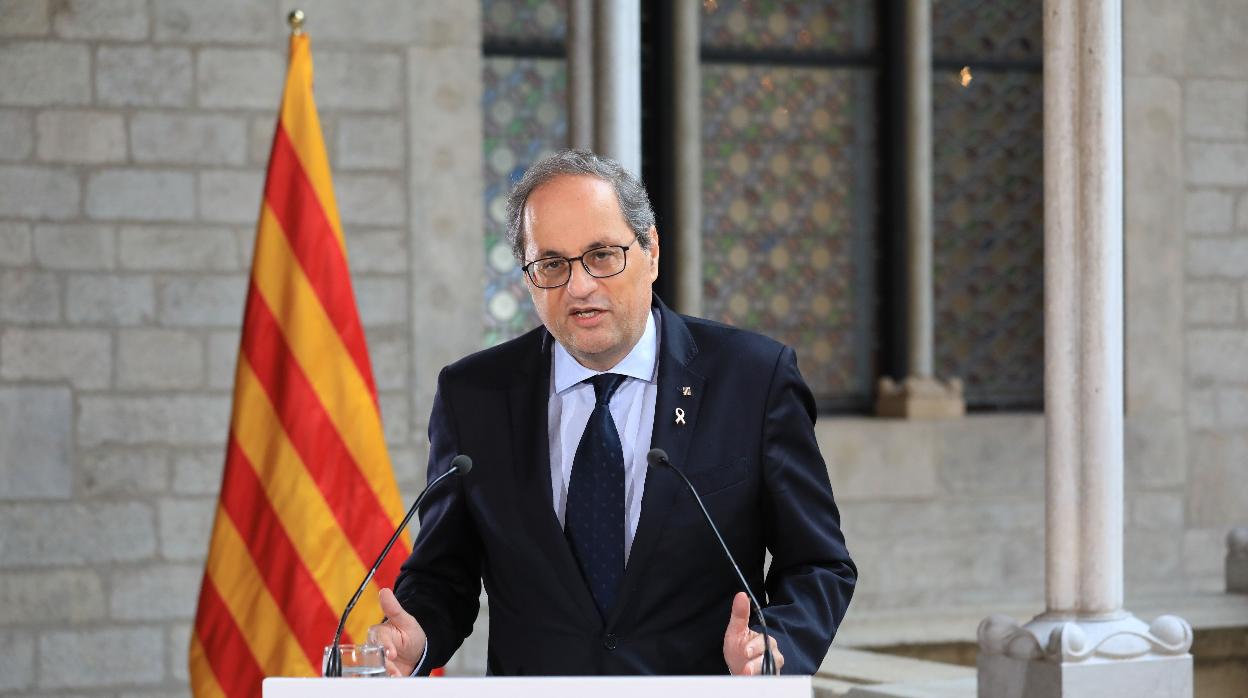 Quim Torra, hoy, durante la comparecencia en el Palacio de la Generalitat