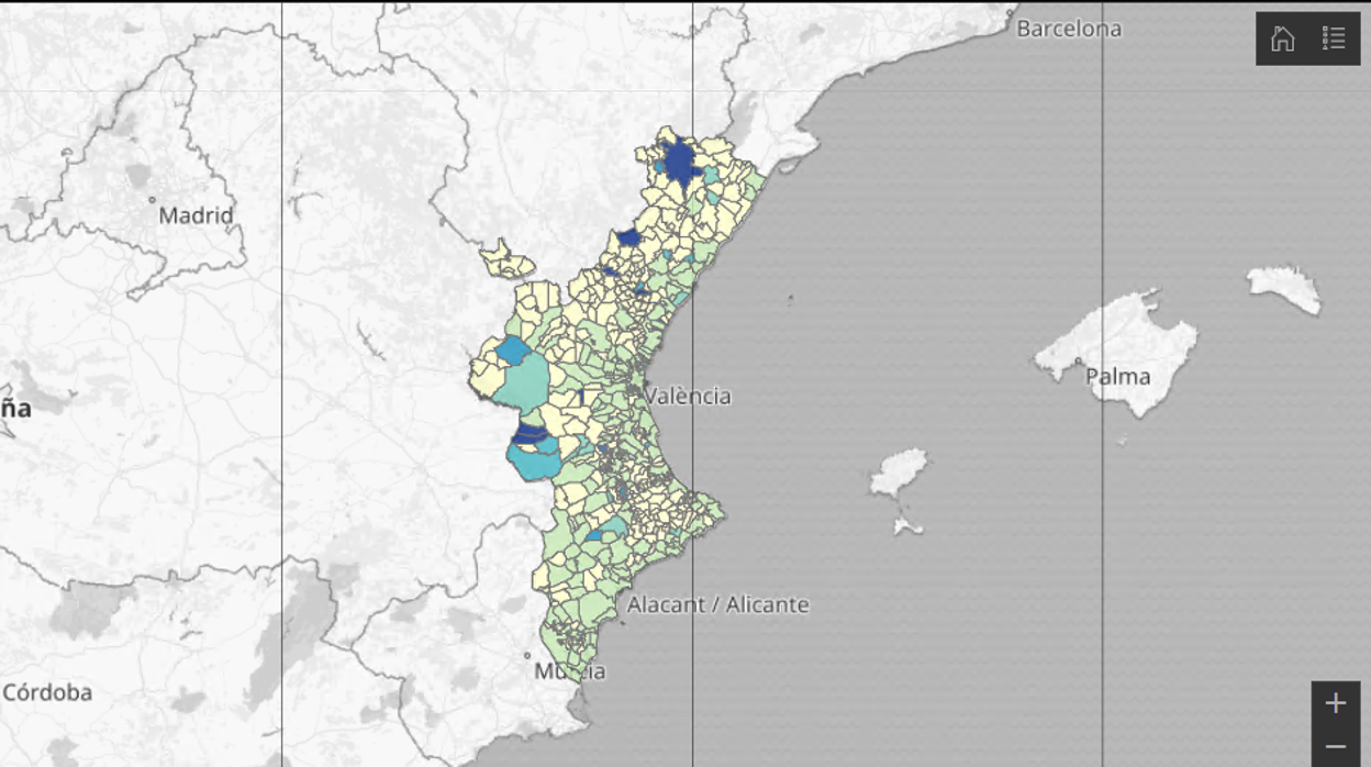 Mapa de los rebrotes de coronavirus por municipios en las dos últimas semanas en la Comunidad Valenciana