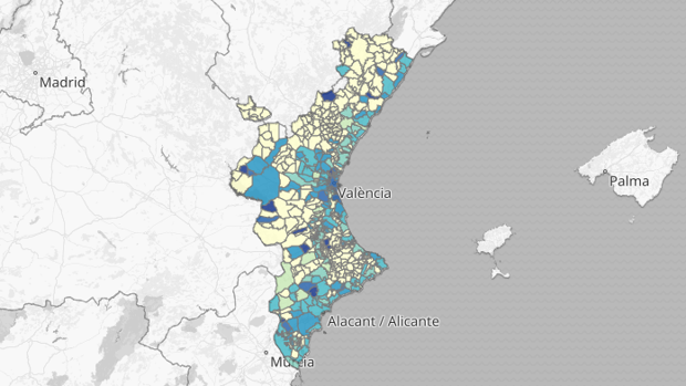 Mapa por municipios de los brotes de coronavirus en la Comunidad Valenciana