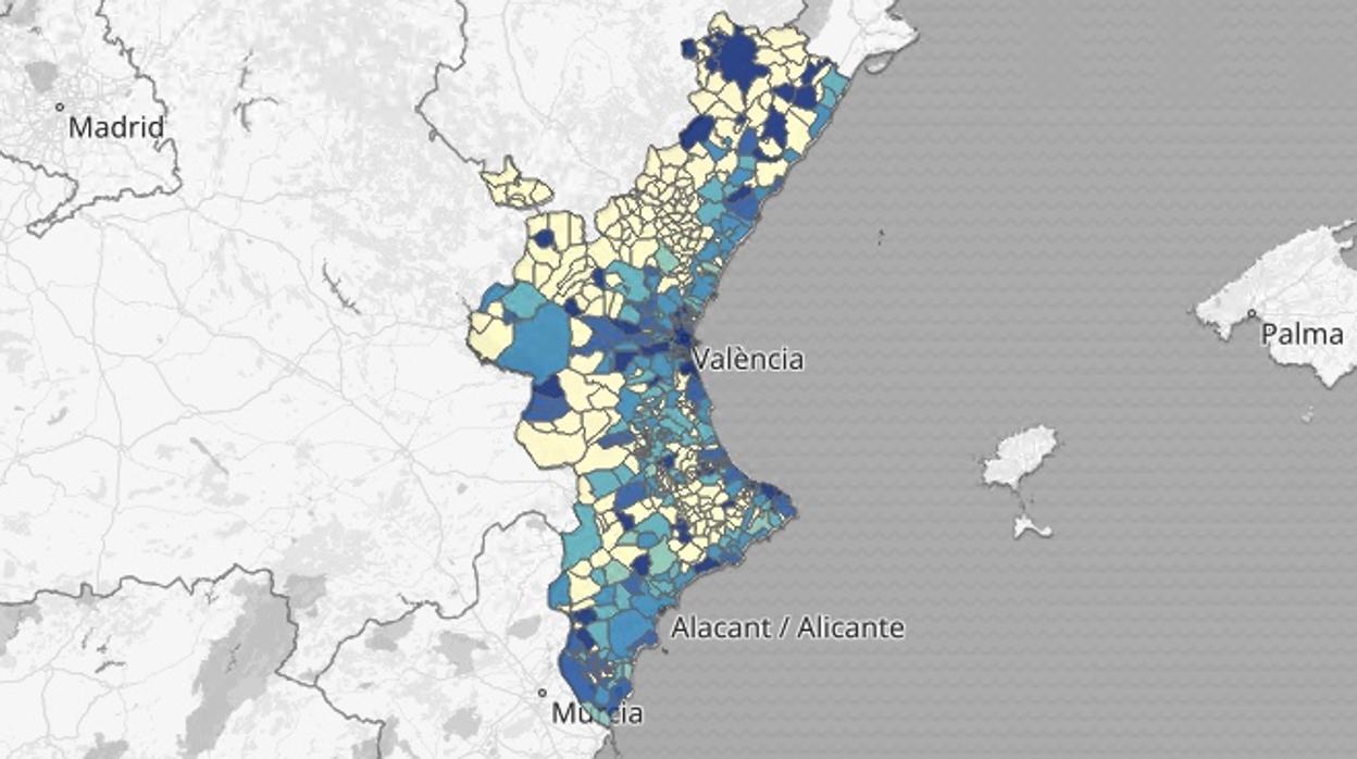 Mapa de la incidencia del coronavirus por municipios difundido por la Generalitat Valenciana