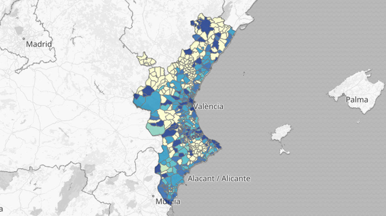 Mapa de la incidencia de los rebrotes por municipios en los últimos 14 días en la Comunidad Valenciana