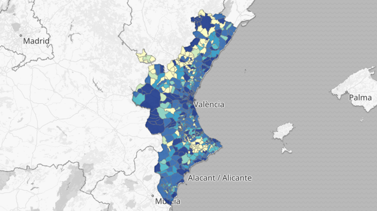 Mapa de la incidencia del coronavirus por municipios en la Comunidad Valenciana según las pruebas PCR