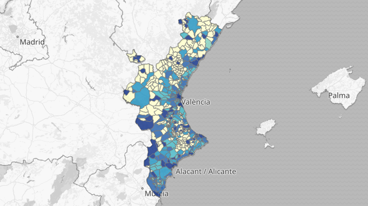 Imagen del mapa de PCR positivas en los últimos 14 días en la Comunidad Valenciana