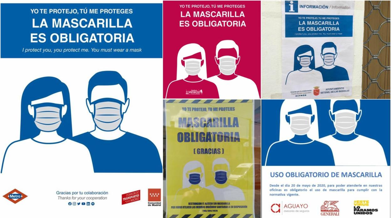 En la imagen de la izquierda, el cartel original de la campaña de Metro; a la derecha, varios carteles copiados