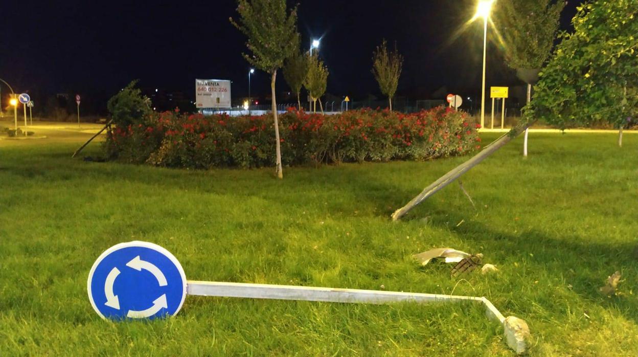 Un conductor drogado y ebrio atraviesa una glorieta y derriba dos árboles y una señal en Valladolid