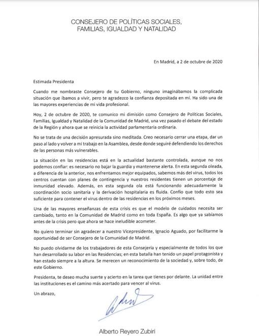Dimite el consejero madrileño Alberto Reyero apelando a la «unidad de las instituciones»