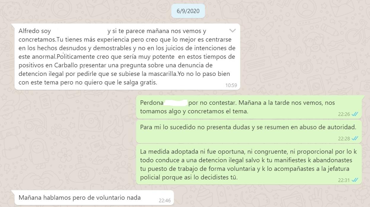 Mensajes que el denunciante se intercambió con la persona a la que pidió ayuda con la denuncia