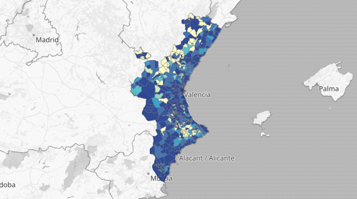 Mapa de la incidencia del coronavirus por municipios en la Comunidad Valenciana según las pruebas PCR