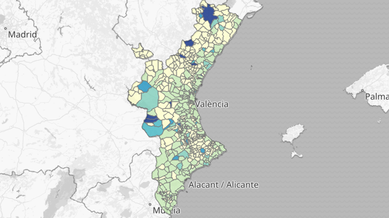 Mapa de la incidencia del coronavirus por defunciones en municipios de la Comunidad Valenciana