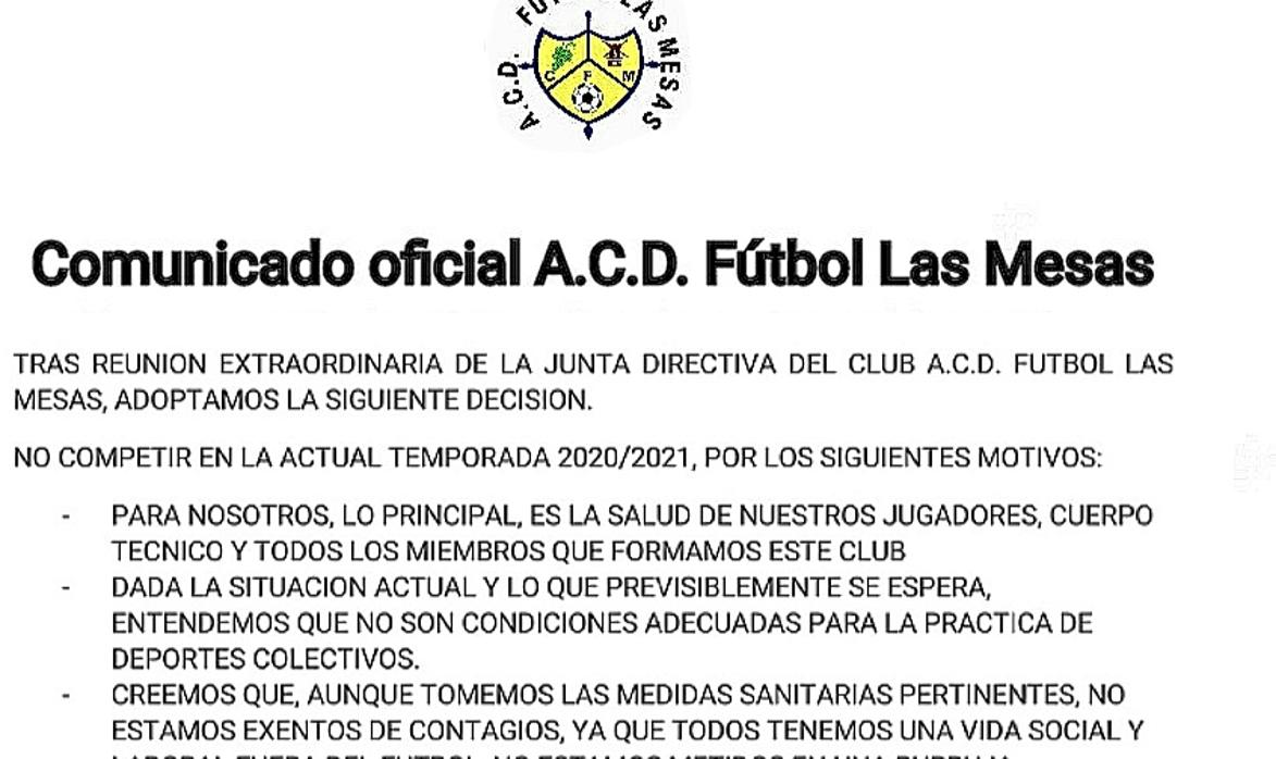 El ACD Fútbol Las Mesas ha renunciado a competir en Primera Autonómica por la incertidumbre del coronavirus