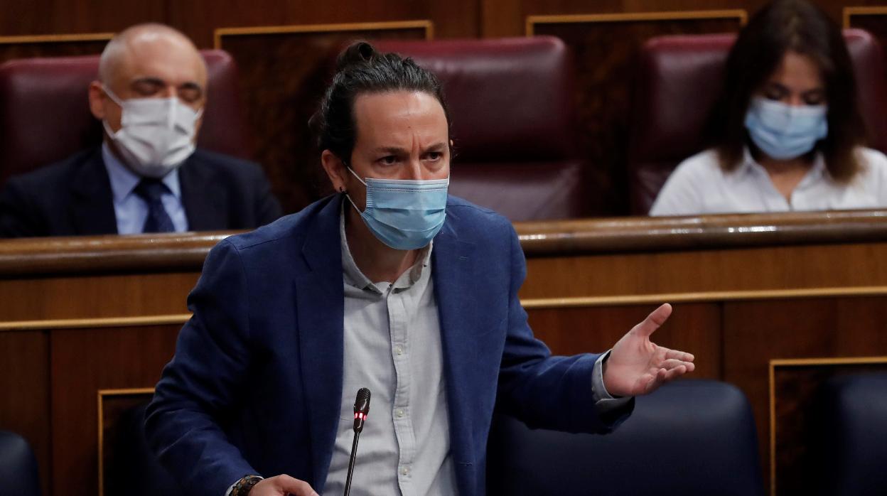 El vicepresidente primera del Gobierno, Pablo Iglesias, durante su intervención en la sesión de control al Ejecutivo este miércoles