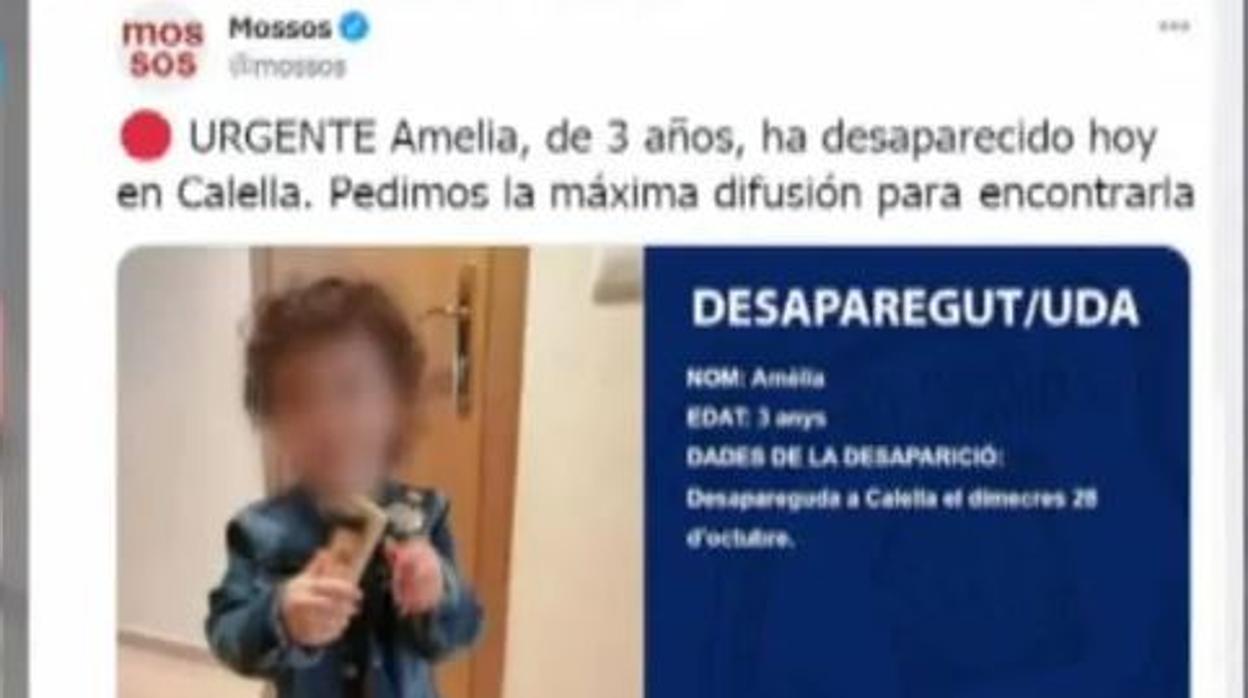 Cartel con el que los Mossos pidieron ayuda para localizar a la niña