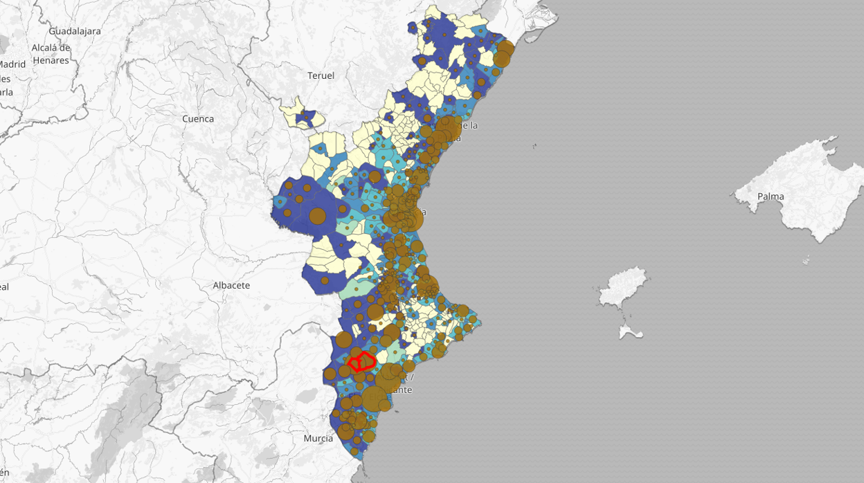 Mapa de la incidencia acumulada del coronavirus en la Comunidad Valenciana en los últimos catorce días