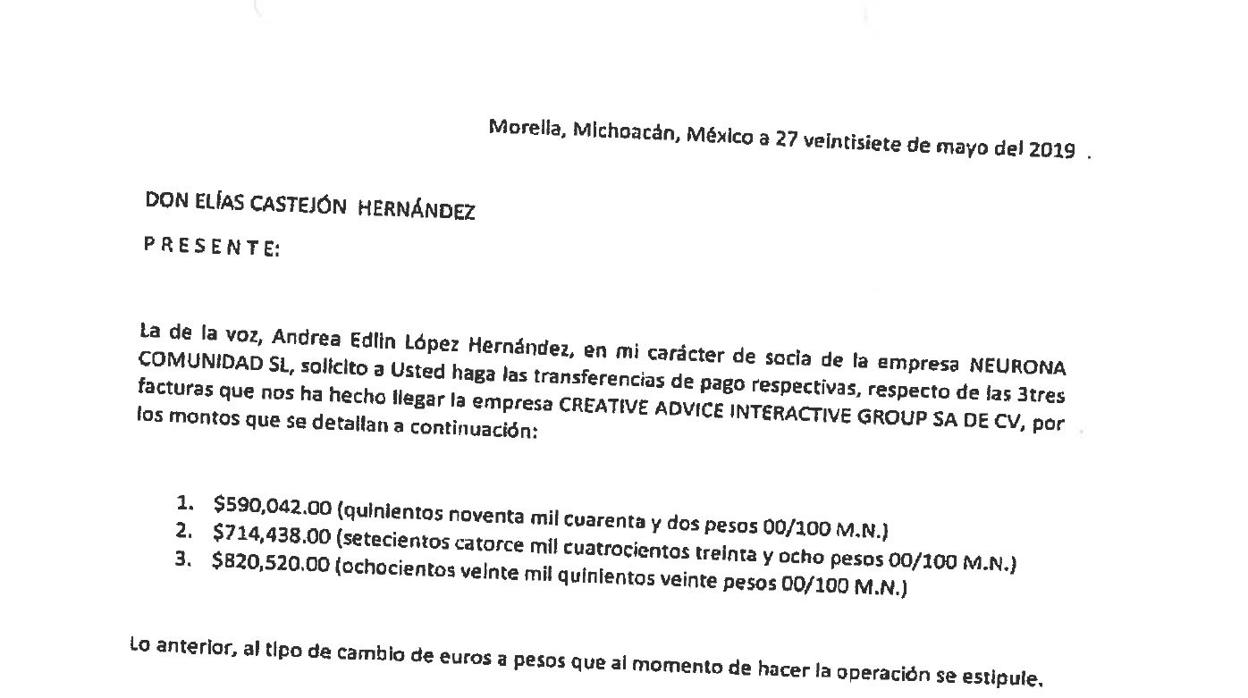 Una de las órdenes para transferir el dinero que Neurona cobraba de Podemos a México