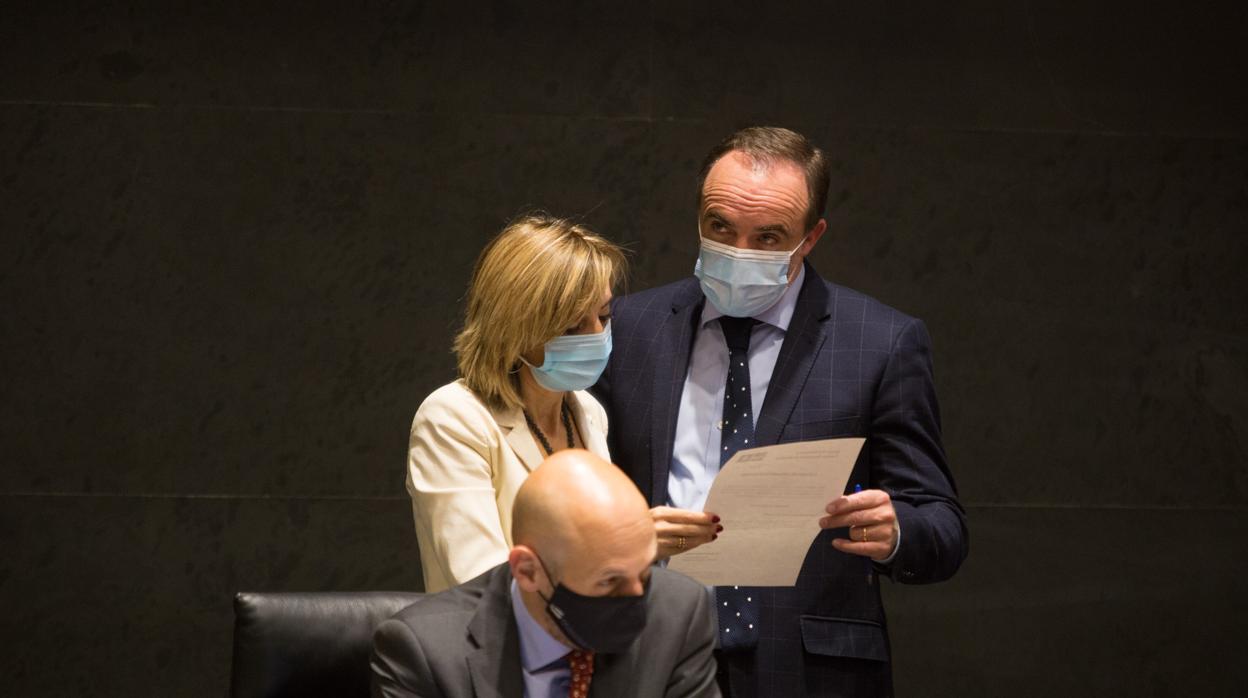 Cristina Ibarrola, Iñaki Iriarte y Javier Esparza (Navarra Suma), en el Parlamento.