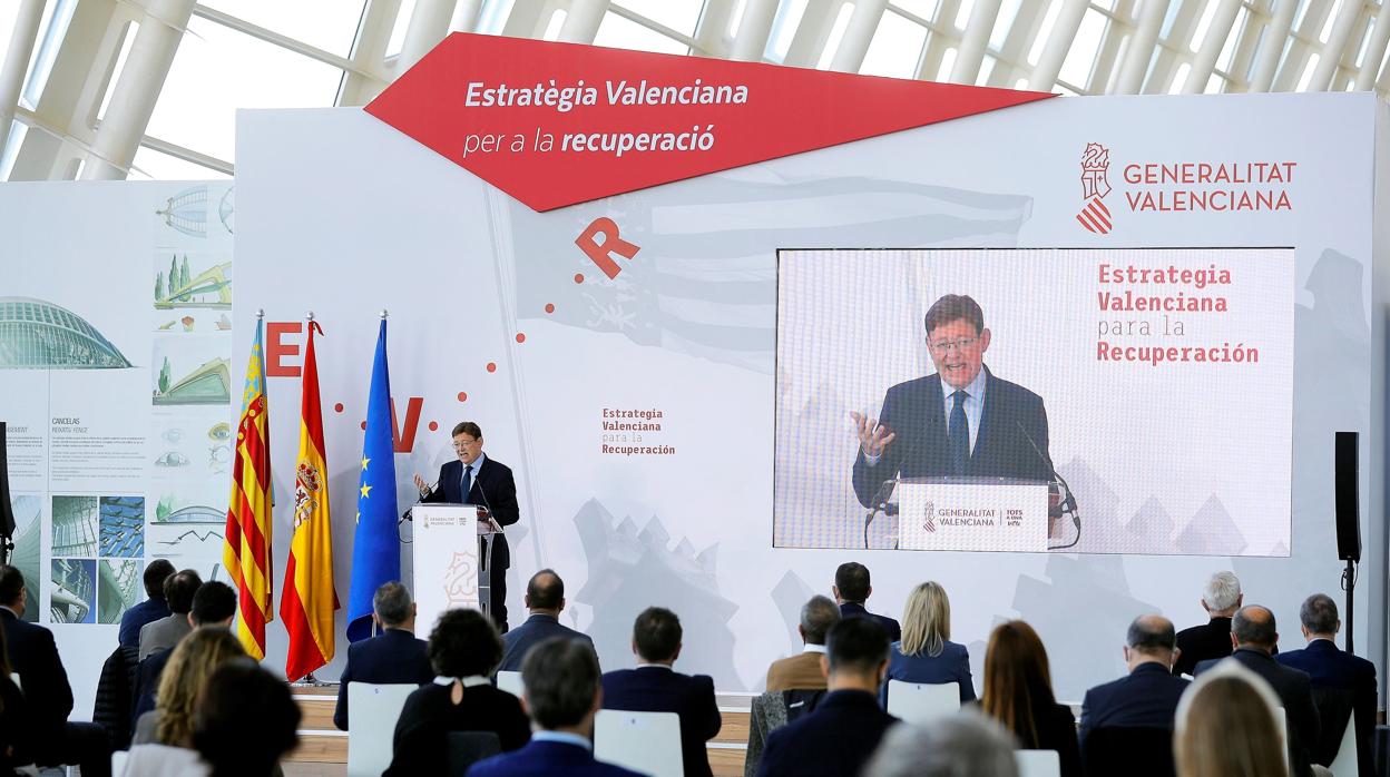 Imagen del presidente de la Generalitat, Ximo Puig, en la presentación de la Estrategia Valenciana para la Recuperación