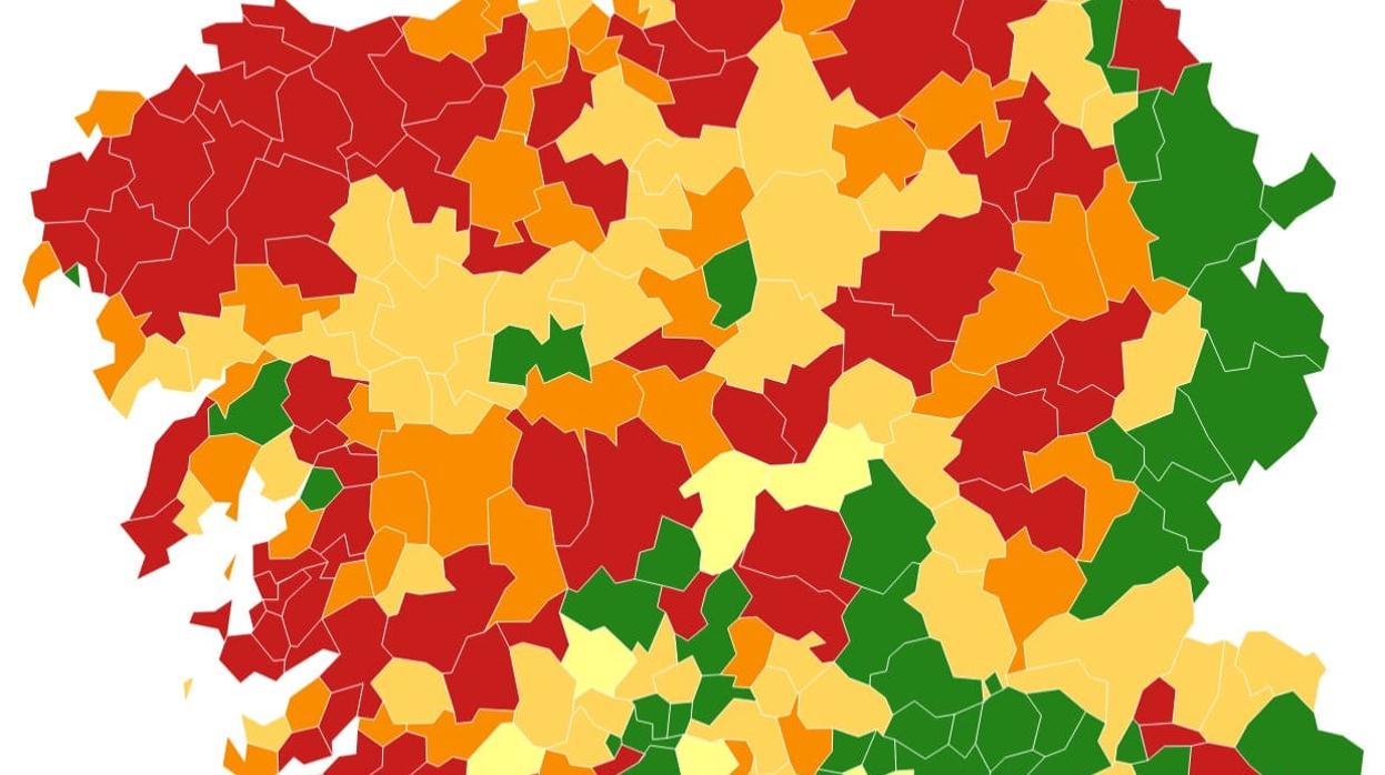 Mapa gallego con la incidencia acumulada a catorce días