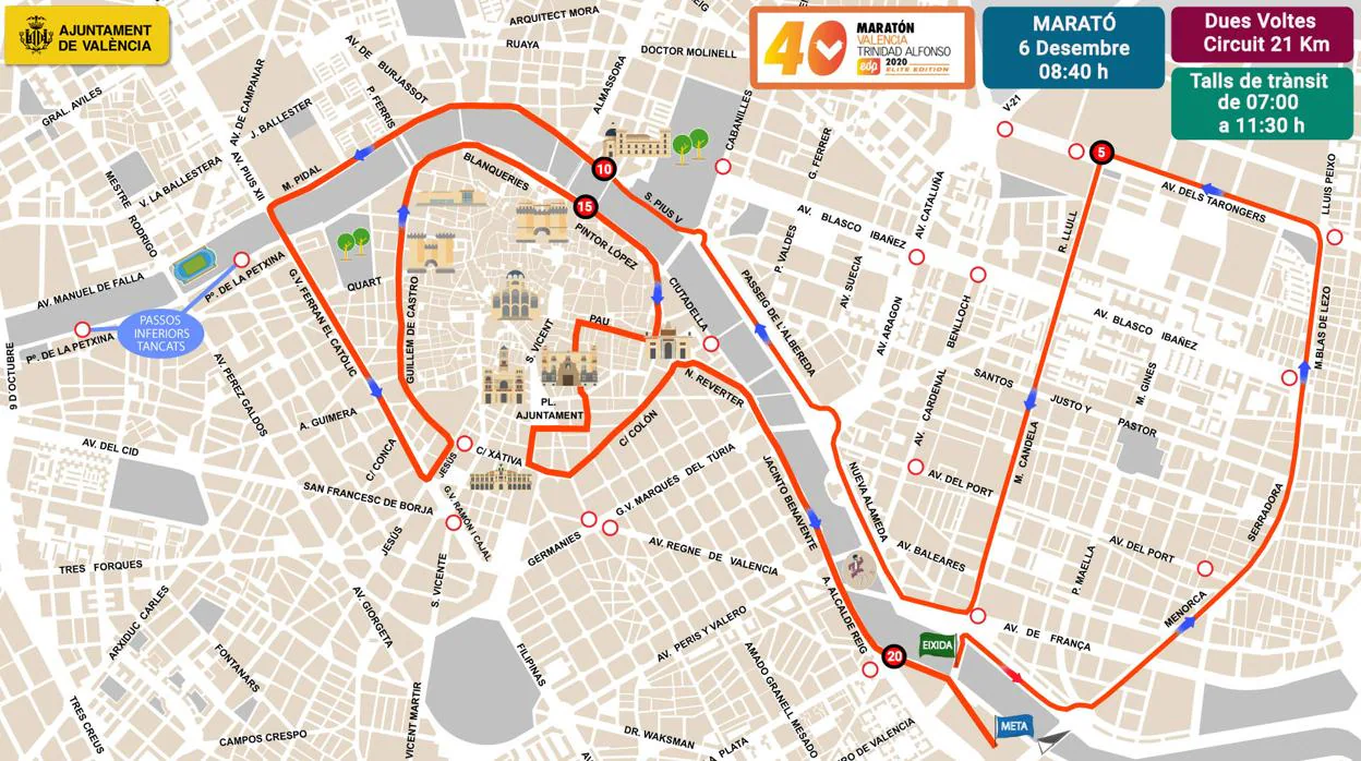 Imagen del mapa con los cortes de tráfico a causa de el Maratón de Valencia en 2020