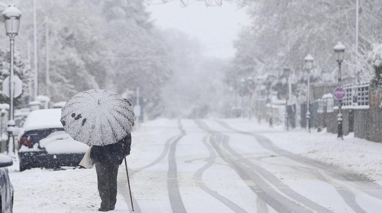 Un transeúnte camina bajo la nieve este viernes en la localidad de Friol (Lugo)