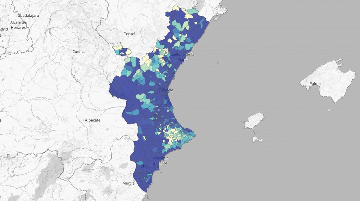 Mapa de la incidencia del coronavirus por municipios en la Comunidad Valenciana según las pruebas PCR y de antígenos