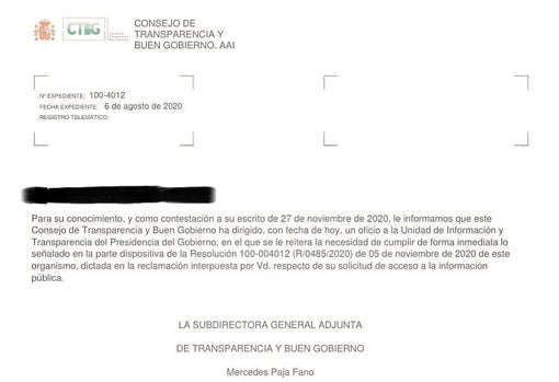Una de las confirmaciones de los doce oficios que el CTBG remitió al Gobierno