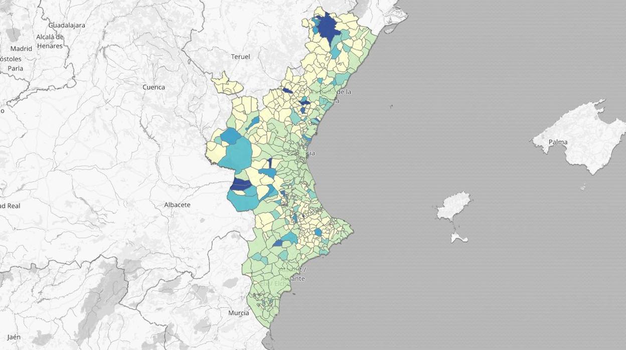 Mapa de la incidencia de la mortalidad por coronavirus según municipios en la Comunidad Valenciana