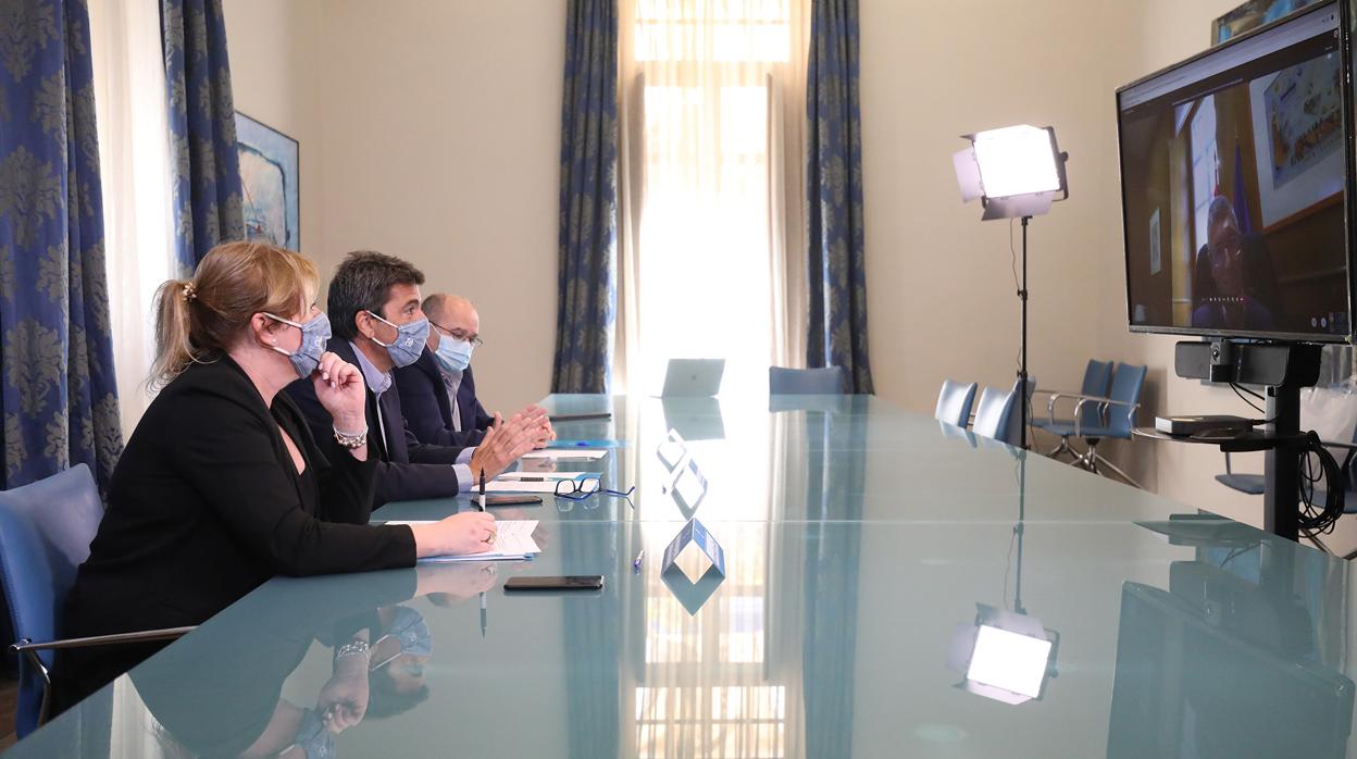 Ana Serna, Carlos Mazón y Joaquín Melgarejo, durante la reunión telemática con el secretario de Estado