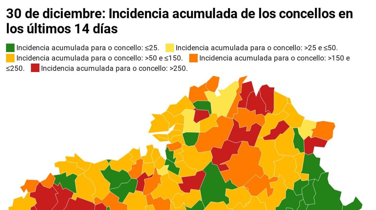 La incidencia acumulada (IIA) de los concellos gallegos a 14 días