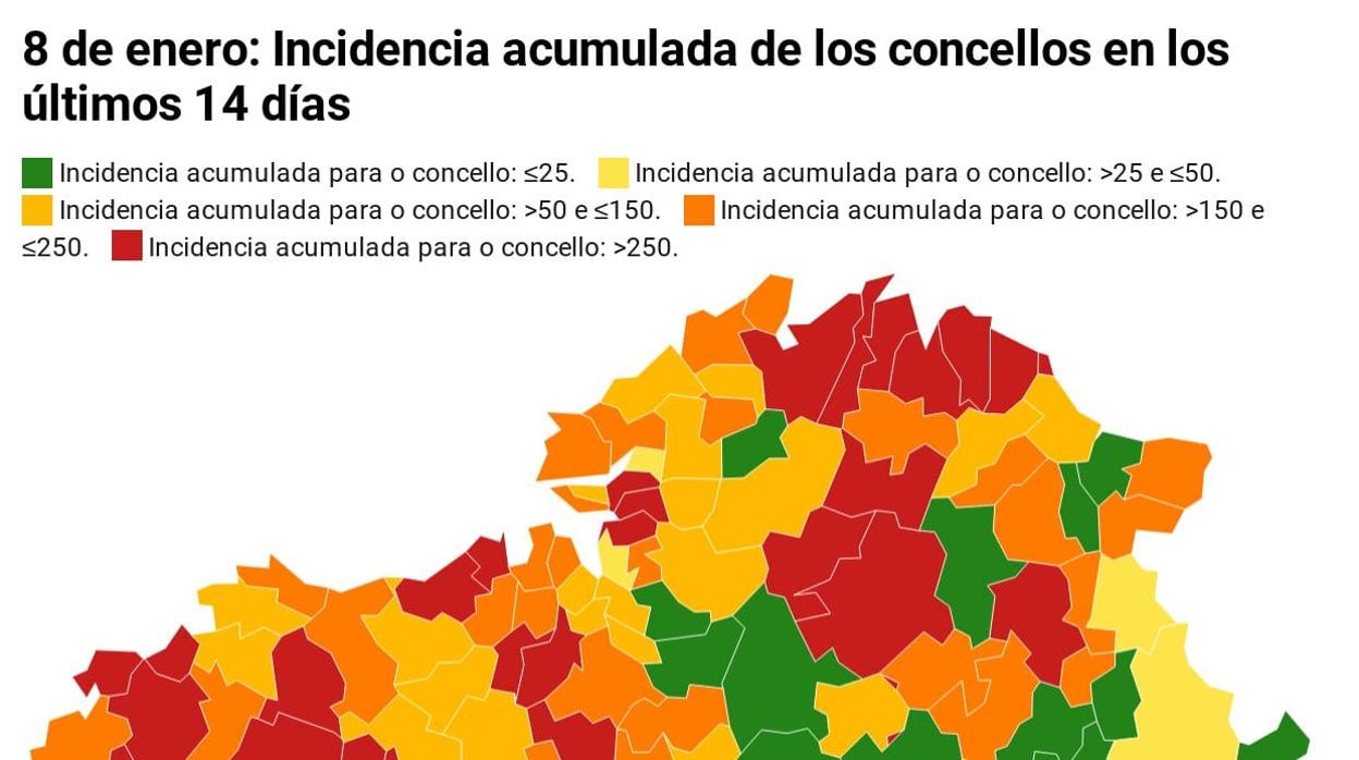 Mapa de incidencia de los 313 concellos gallegos