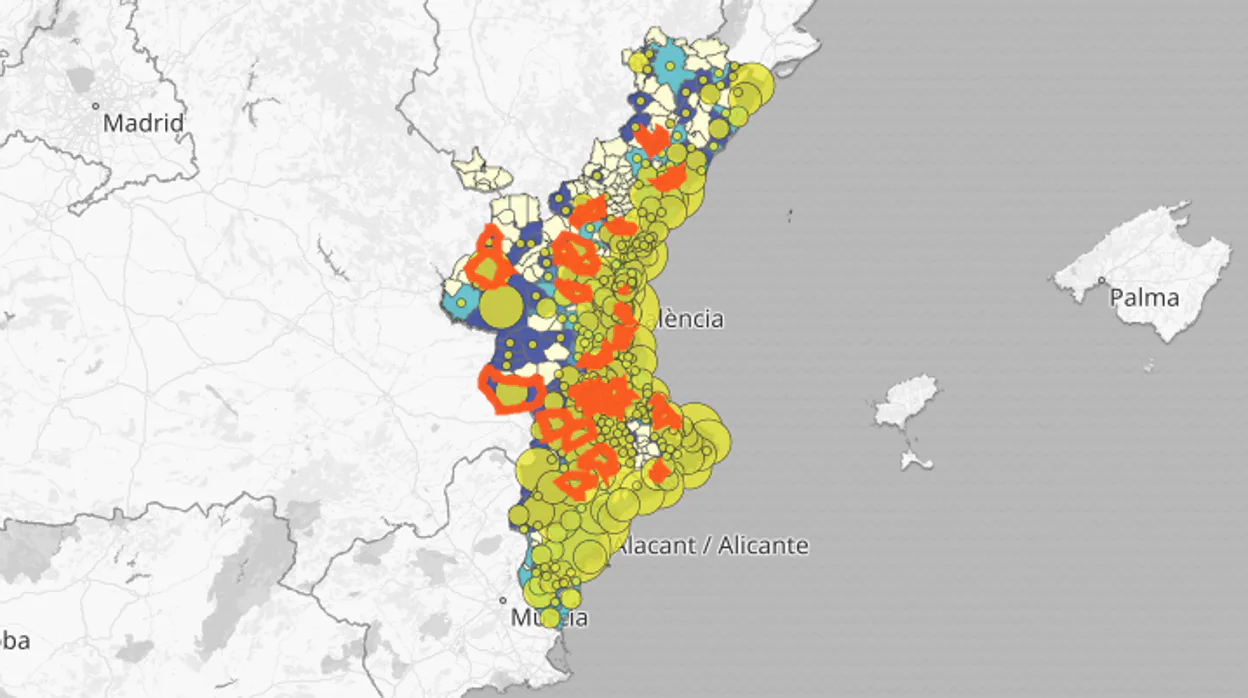 Mapa de la incidencia del coronavirus por municipios en la Comunidad Valenciana según las pruebas PCR y de antígenos efectuadas en los últimos 14 días