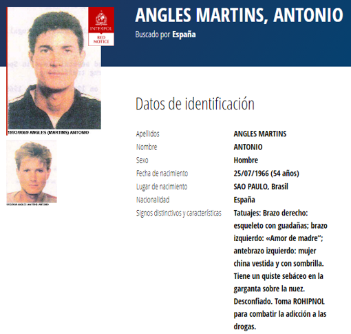 Ficha de Antonio Anglés en la web de la Interpol