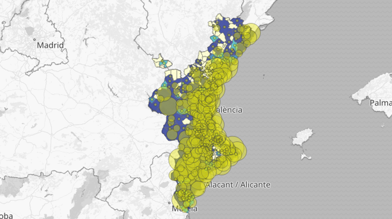 Mapa de la incidencia del coronavirus por municipios en la Comunidad Valenciana en los últimos 14 días según las pruebas PCR y los test de antígenos