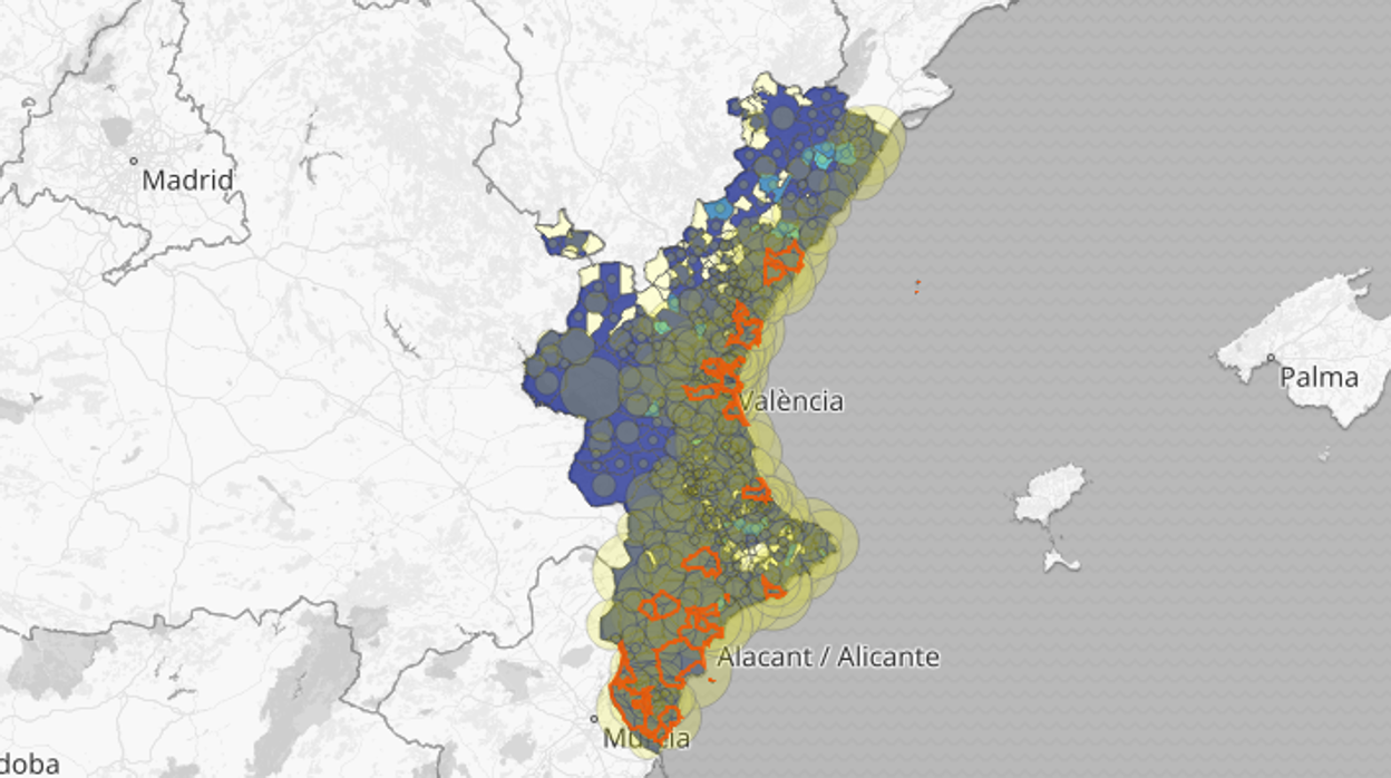 Mapa de la incidencia del coronavirus por municipios en la Comunidad Valenciana, en los últimos 14 días según las pruebas PCR y los test de antígenos