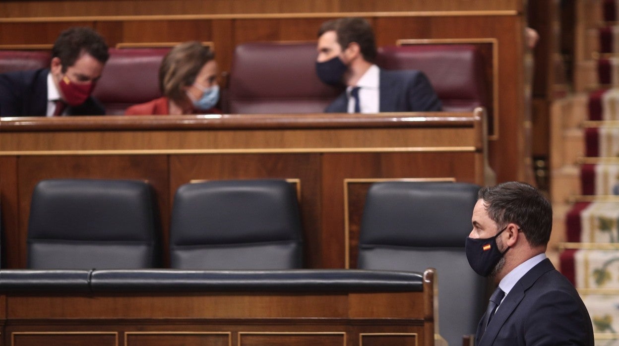 El presidente del PP, Pablo Casado, al fondo a la derecha, y el líder de Vox, Santiago Abascal, en primer plano en una imagen de archivo