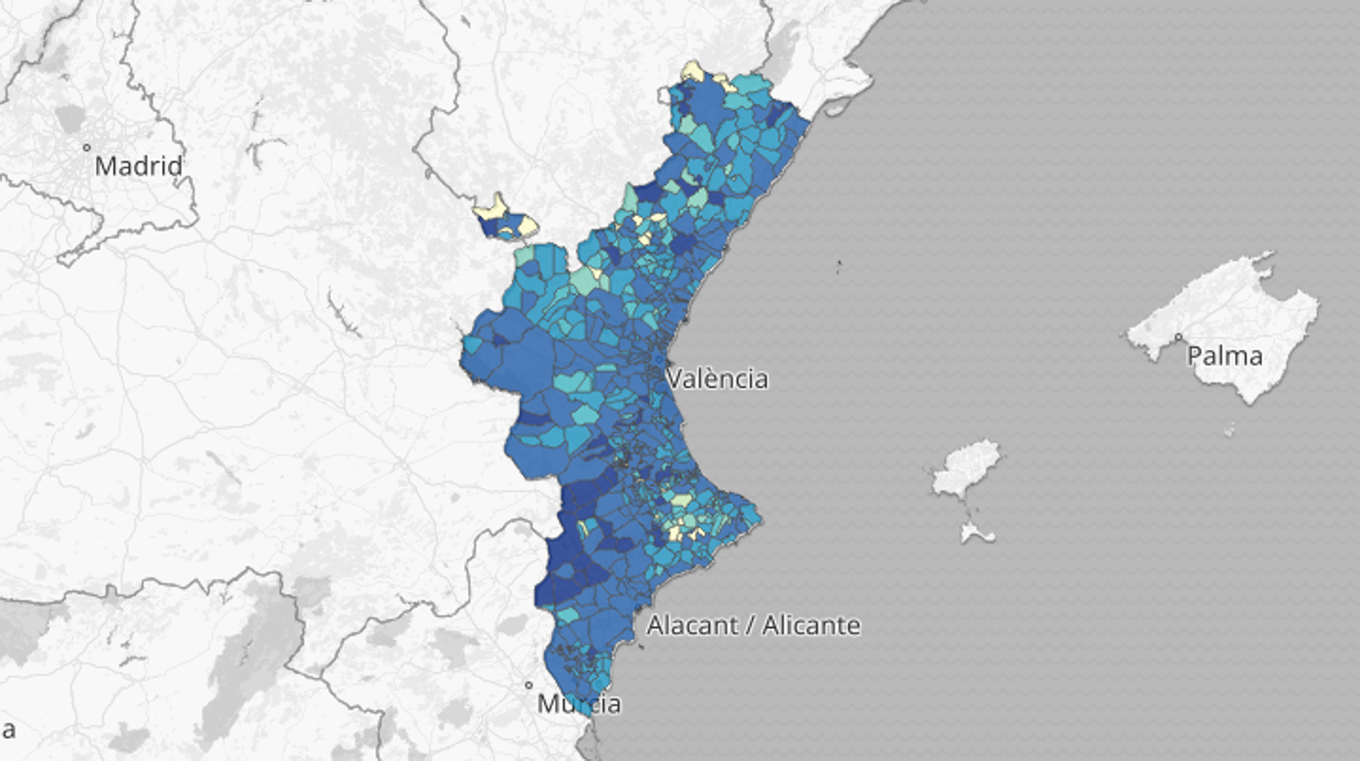 Mapa de la incidencia total del coronavirus por municipios en la Comunidad Valenciana, según las pruebas PCR y los test de antígenos