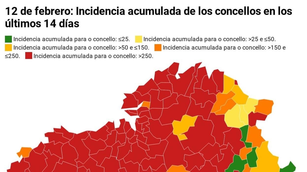 Mapa de incidencia acumulada y nuevos casos a 14 días en Galicia