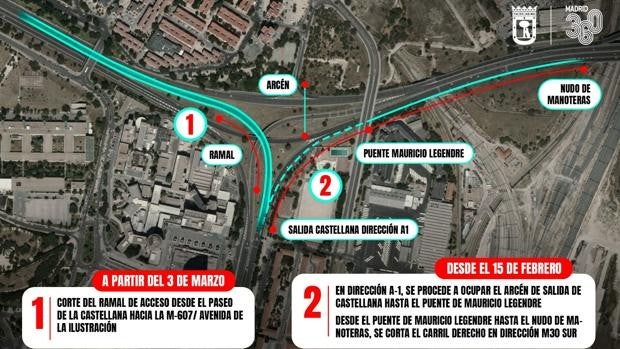 Comienzan los desvíos por las obras del Nudo Norte: corte de un carril en la M-30 y ocupación de un arcén en la Castellana