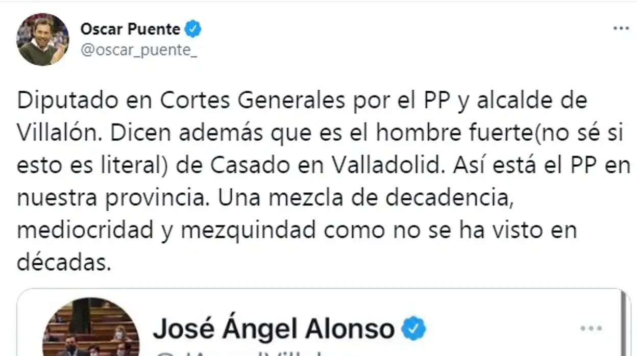 El tweet publicado por Óscar Puente sobre el diputado del PP José Ángel Alonso