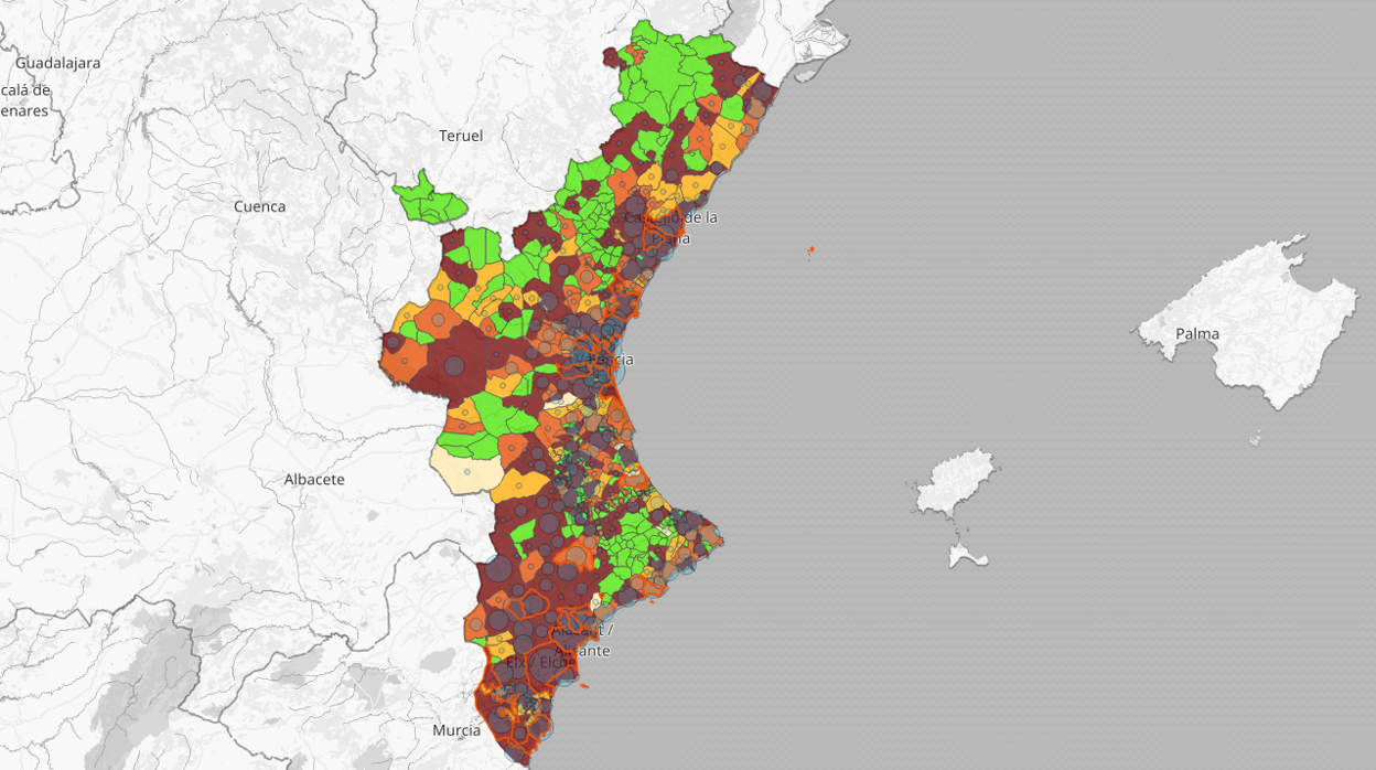 Mapa de la incidencia del coronavirus por municipios en la Comunidad Valenciana en los últimos 14 días según las pruebas PCR y los test de antígenos