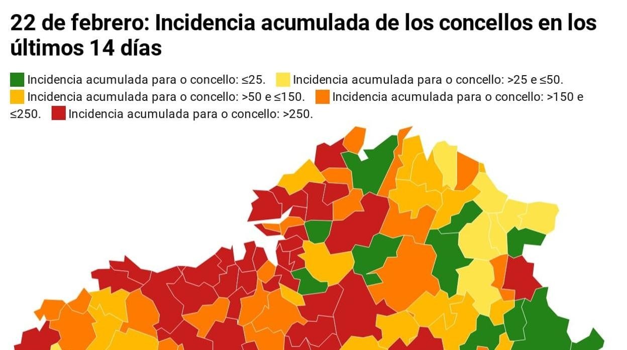 Mapa de incidencia acumulada y número de casos de cada concello gallego