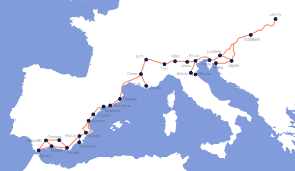 Infografía del trazado completo del Corredor Mediterráneo que conectará España con el resto de Europa