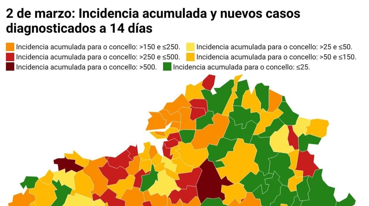 Mapa de incidencia acumulada y número de casos de Galicia elaborado con datos del Sergas