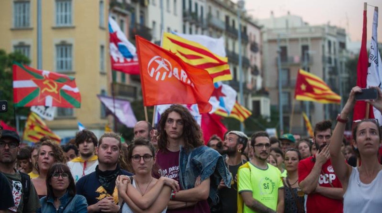 Imagen de unos jóvenes con la bandera de Arran durante las manifestaciones el día de la Diada de 2017